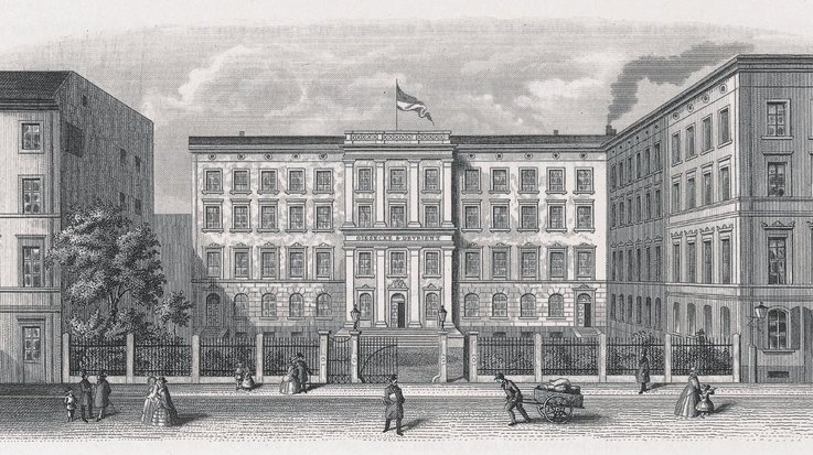 drawing of the old company building in black and white
