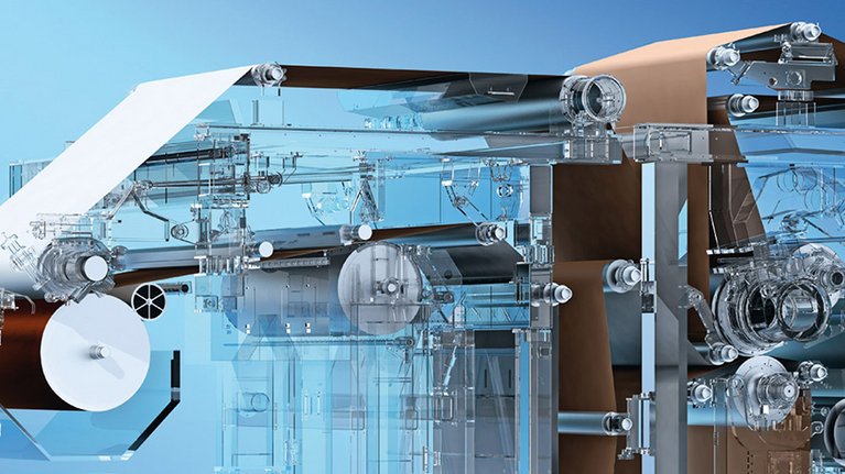 Large machine with transparent components processing a paper roll