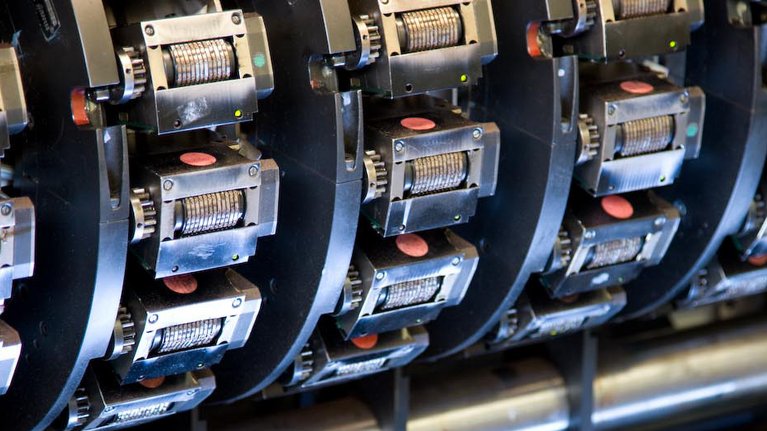 View of the printing rollers of a machine for producing banknotes