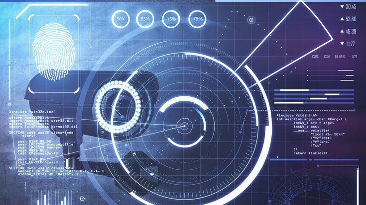 Collage of various symbols for security technology, in the background a CCTV camera