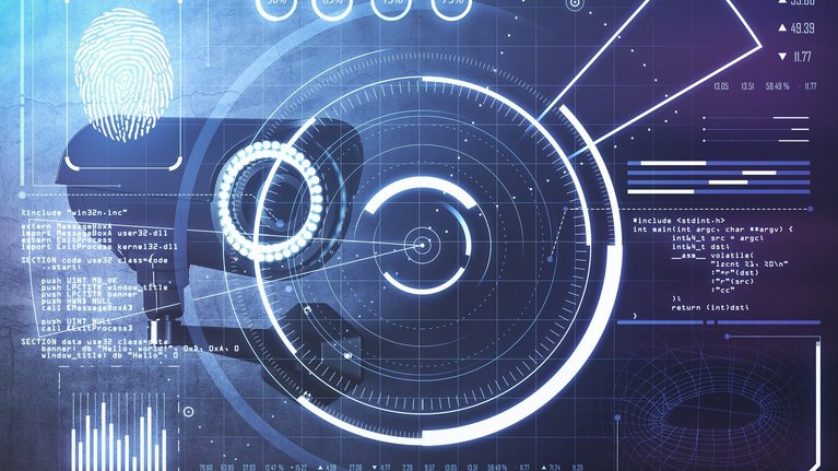 Collage of various symbols for security technology, in the background a CCTV camera