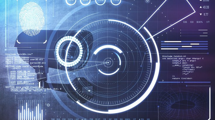 Collage of various symbols for security technology, in the background a CCTV camera