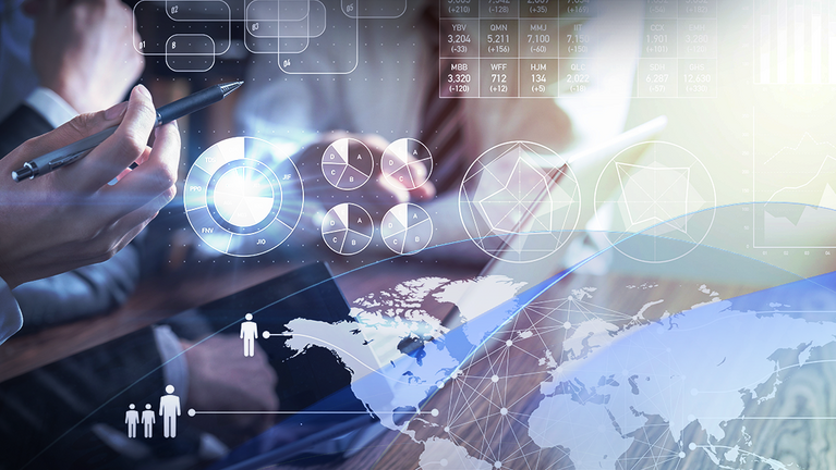 Collage of business people on laptops and simulated diagrams and symbols