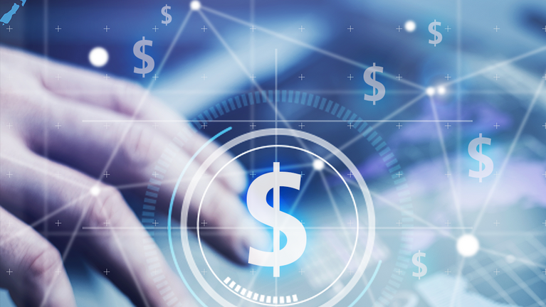 3D simulated dollar signs and lines in front of a hand 