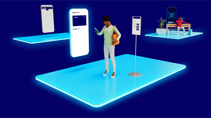 3d model: person holding their mobile with their digital payment card while online shopping