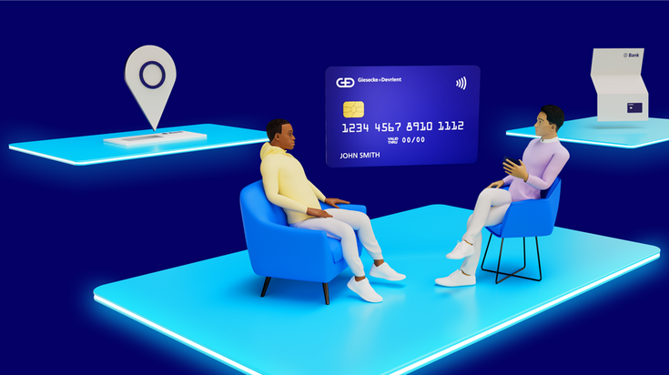 3d model of a pay3d model: two persons sitting together with a payment card in the backgroundment card and two persons sitting together
