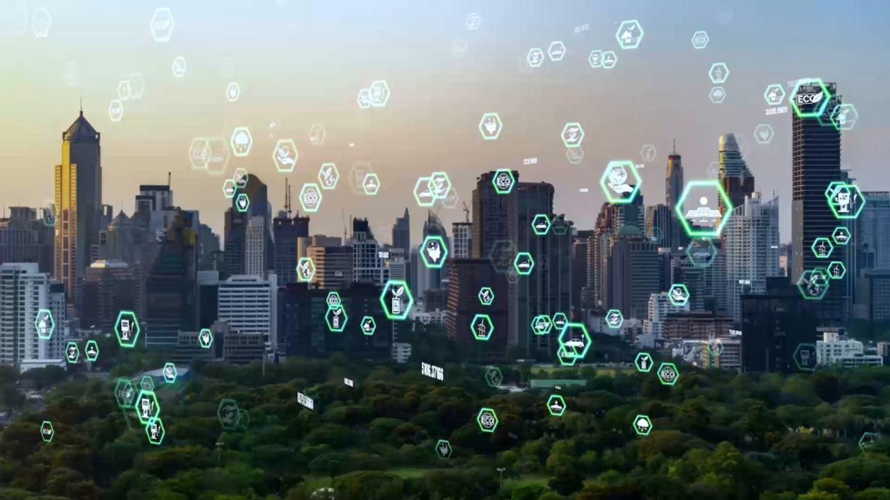 Animated symbols for sustainability float against the backdrop of a metropolitan skyline