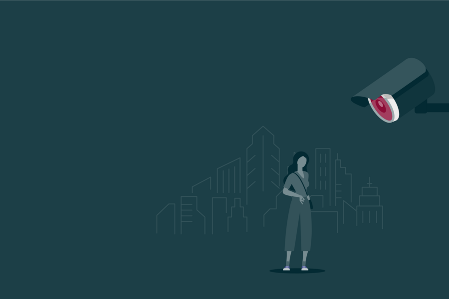 Illustration of woman being filmed by a CCTV camera