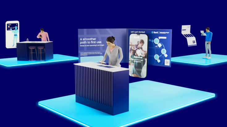 Interactive banking presentation with multiple stations and virtual displays in a futuristic design.