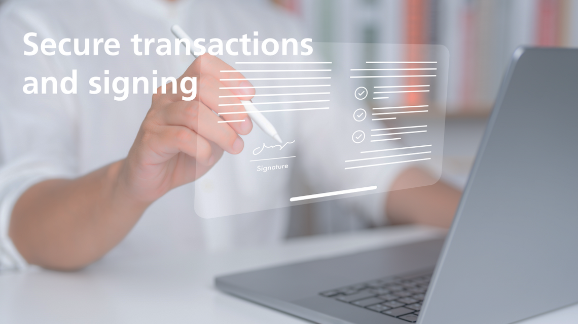 A person using a stylus to digitally sign a document on a laptop, with the text 'Secure transactions and signing.