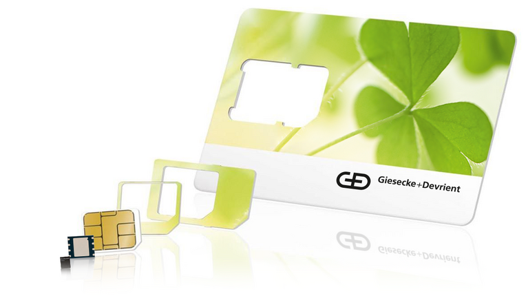 SIM card with adapters for standard, micro, and nano sizes, branded with Giesecke+Devrient.
