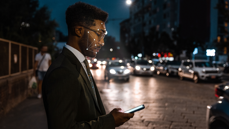 A man looks at his smartphone, his face is recognised by a digital grid.