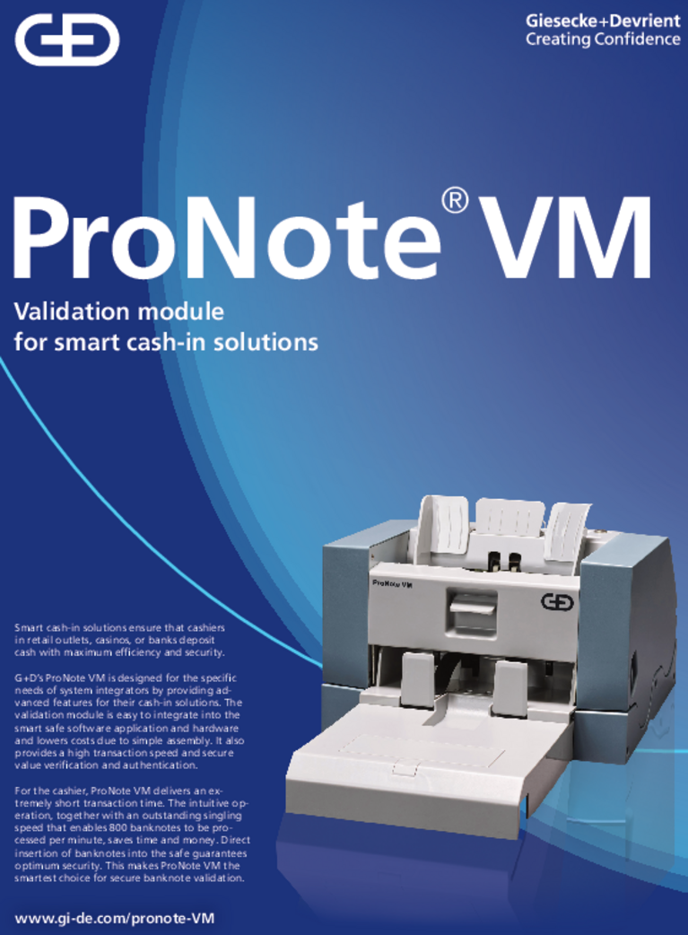 Cover of the brochure for the banknote processing system ProNote VM