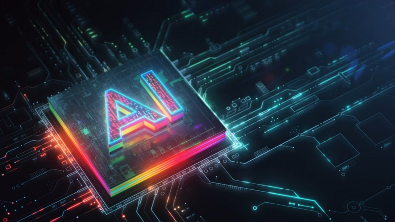 A multicolored animated clip showing a microprocessor, illuminated with the letters AI.