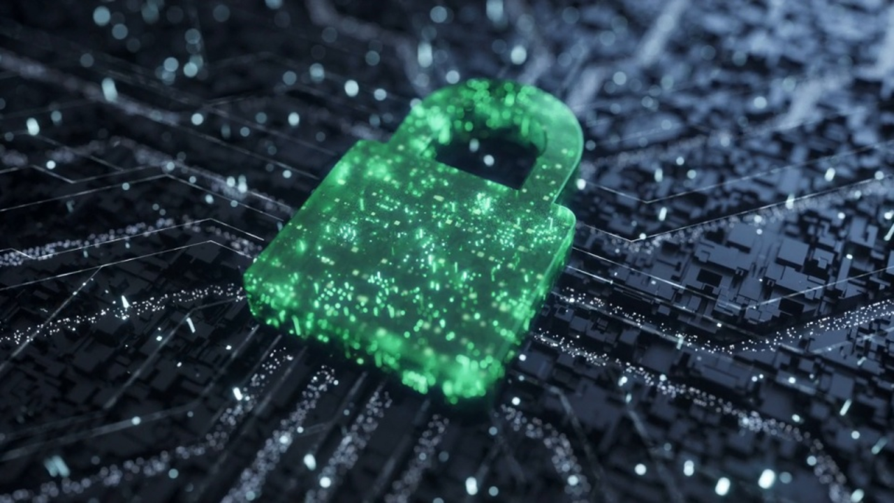 3D visualization of a green lock into which data flows in and out again