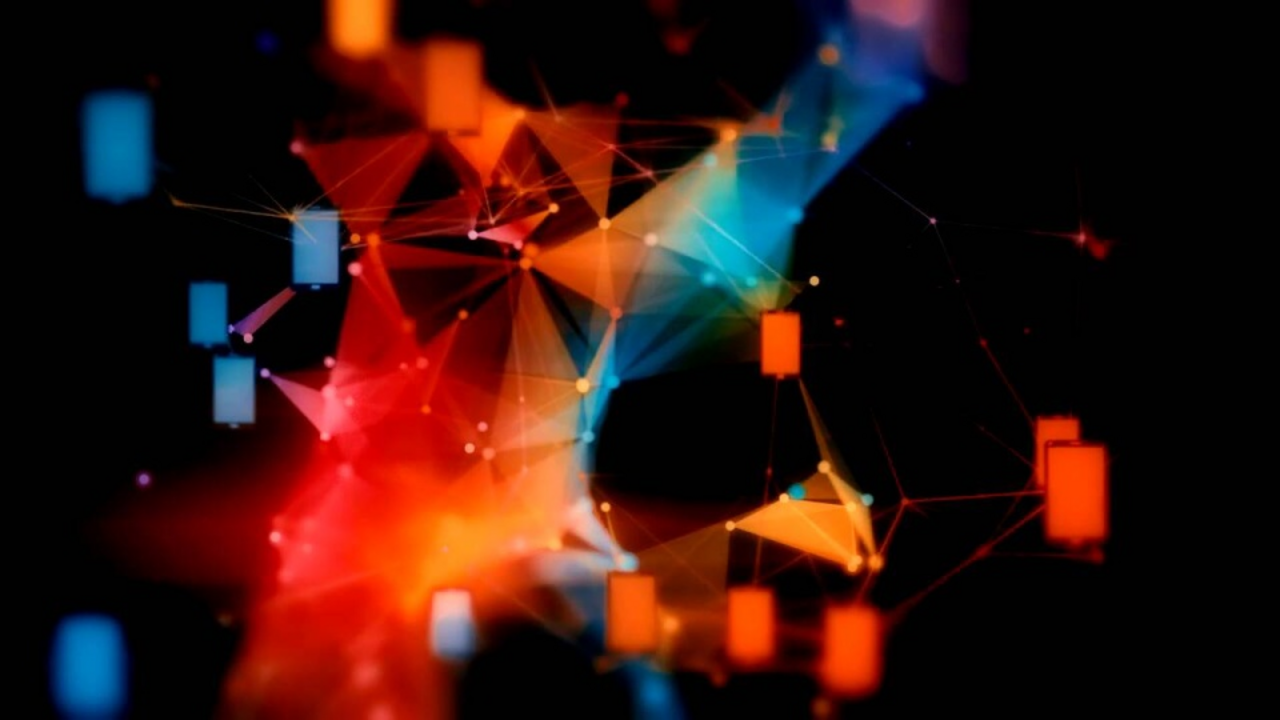 3D simulation of smartphones floating in space and connected by transparent lines