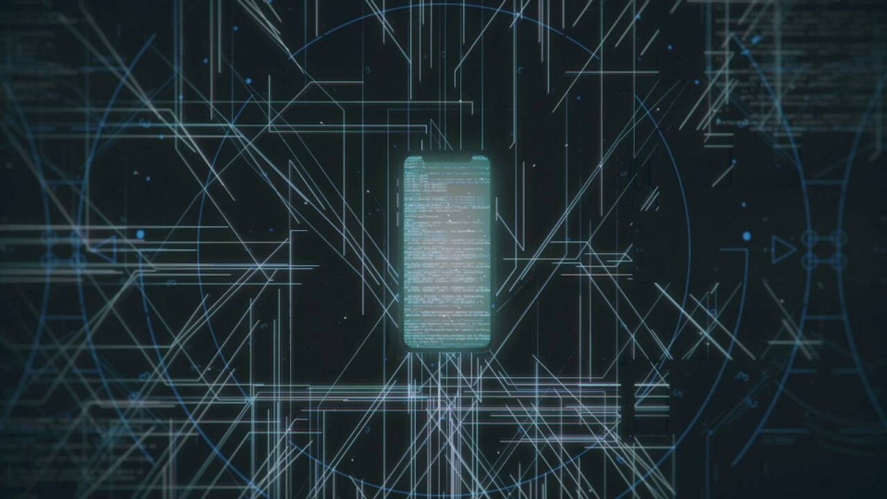 3D simulation of a smartphone on which very small lines of code can be seen
