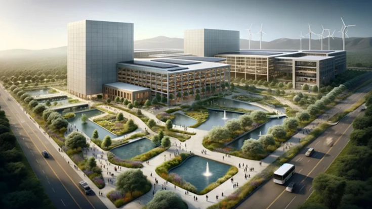 An animation of a manufacturing plant in a ecological sustainable environmment