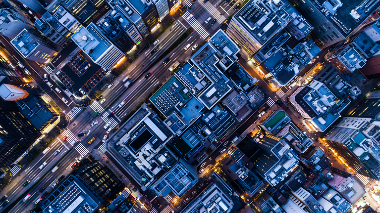 Bird's eye view of illuminated streets of a big city