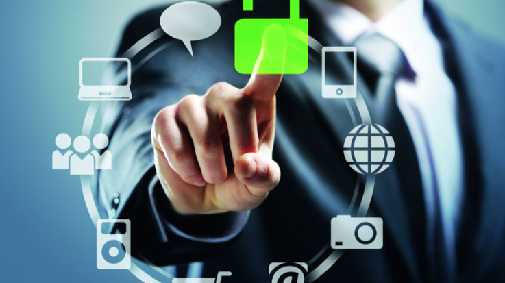 A man in a suit presses his index finger on a simulated lock