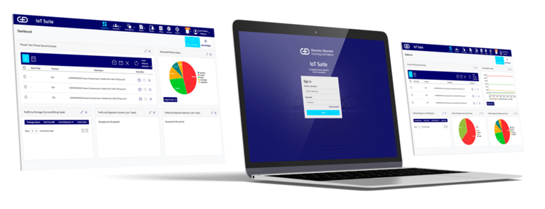 Two IoT related reporting dashboards next to a notebook